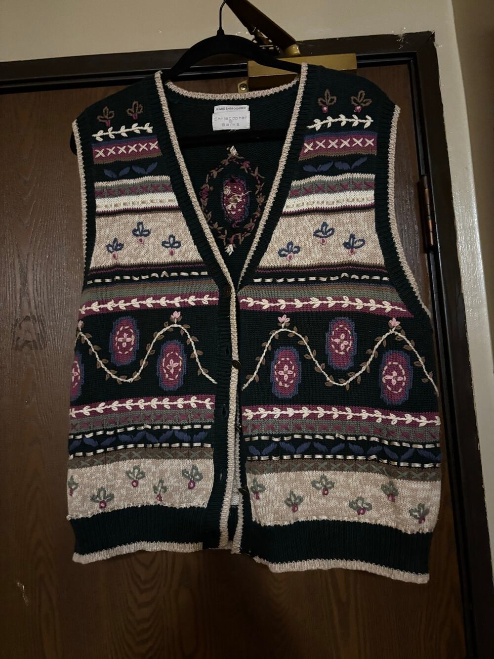 Vintage Hunter Green Hand Embroidered Cotton Whimsy Knitted Floral Sweater Vest